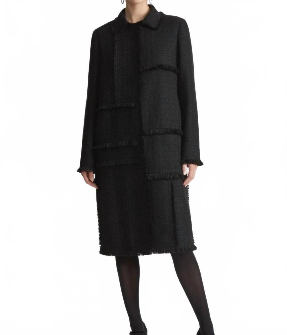 NEW LAFAYETTE 148 bouclé tweed hand-fringed patchwork coat in black